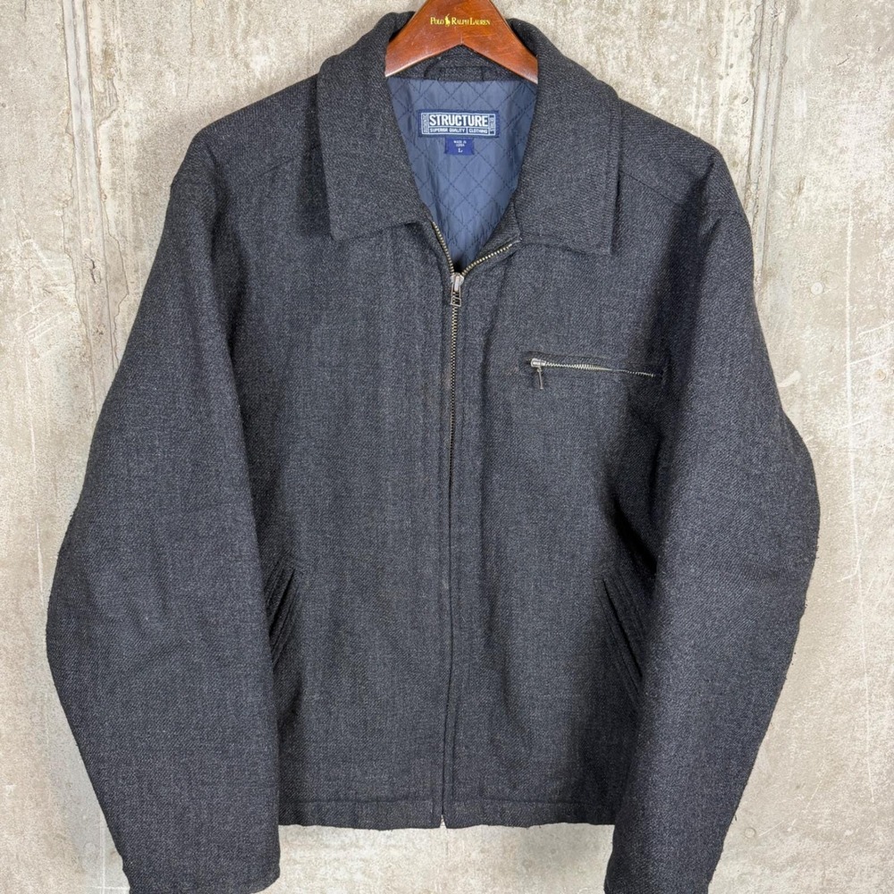 Structure detroit Mens Vintage 90s‎ Wool Quilted Bomber Jacket Charcoal Gray L